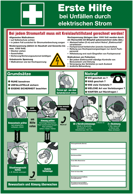 Schild Erste Hilfe bei Unfällen durch elektrischen Strom 595 x 410 mm, Kunststoff